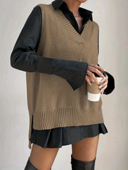 Plus Size Women's Solid V Neck Casual Sweater Vest - High Low Hem, Slight Stretch, Knit Fabric, Comfortable Fit