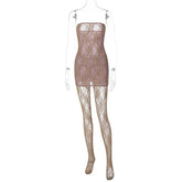 Lace Tights Women's Outfits Sexy Strapless Wrap Dress 2 Piece Sets Party Nightwear Leggings See-Through Sheer Lingerie