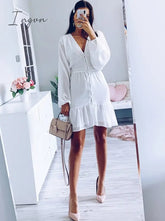 Ingvn - Summer Dresses For Women Sexy Plunge V Neck Women's Summer Dress White Lace Long Sleeve Mini Wedding Party Dress Ruffle Elegant Clothes