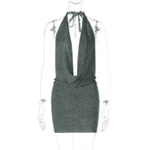 Halter Deep V Neck Sexy Mini Dress For Women Robe Fashion Sleeveless Backless Bodycon Club Dress Elegant Vestido