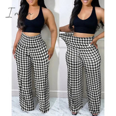 Ingvn - Women Houndstooth Print High Waist Pants Autumn Casual Long Pants Loungewear Women Clothes One Piece Suit Female