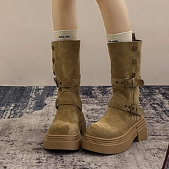Ingvn Vintage Spring Autumn Women Motorcycle Boots Fashion Belt Buckle Mid Calf Booties Platform Thick Heel Casual Ladies Shoes