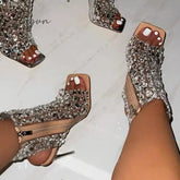 Ingvn - Clear Gem Embellished Square Toe Heels