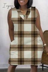 Ingvn - Light Coffee Casual Print Patchwork V Neck Sleeveless Dress Dresses
