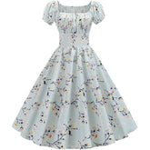 Plus Size Summer Dress Women Puff Sleeve Swing Vintage Dresses Robe Femme Elegant Floral Print Pin Up Party Dresses Jurken