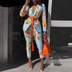 Ingvn - Women Chic Elegant All over Print Long Sleeve Sashes Ankle-Length Pants Spring Working Blazer Sets