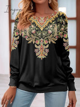 Ingvn - Women's Sweatshirt Pullover Basic Black Floral Casual Round Neck Long Sleeve Top Micro-elastic Fall & Winter