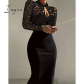 Ingvn - Women Summer Contrast Lace Long Sleeve Cutout Bodycon Dress Autumn Solid Black Long Sleeve Sexy Party Club Dress