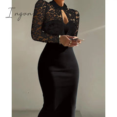 Ingvn - Women Summer Contrast Lace Long Sleeve Cutout Bodycon Dress Autumn Solid Black Long Sleeve Sexy Party Club Dress