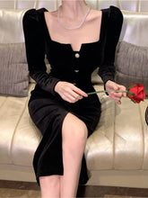 Sexy Vintage Velvet Black Dress for Women Autumn Long Sleeve Bodycon Evening Party Dresses Female Fashion Chic Prom Vestidos