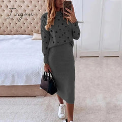Ingvn - Women Skirts 2 Piece Set Autumn Winter Elegant Stars Print Turtleneck Sweatshirts and Slim Skirt Suits Office Lady Outfits