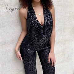Ingvn - Sexy Glitter Sequin Club Party Jumpsuits Elegant Halter Sleeveless Straight Playsuits Summer Women Fashion Backless Solid Romper