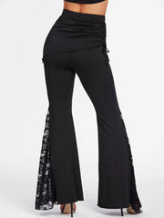 2025 Women's Gothic Black Pants Vintage Flower Lace Insert Skirted Flare Pants Retro Pants