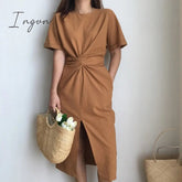 Ingvn - women's summer cotton bodycon vintage long dress female short sleeve bandage vestidos split plus size dresses