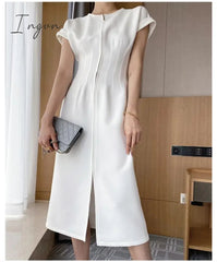 Ingvn - Women Fashion White Short Sleeve Mid-calf Dress