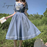 Ingvn - Harajuku Sailor Collar Navy Dress Japanese Lolita Sweet Bow-knot Girl Retro Cotton Kawaii Preppy Style Short Sleeve Dress Women