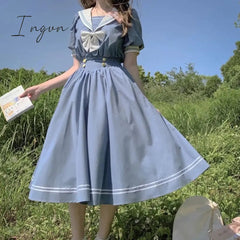 Ingvn - Harajuku Sailor Collar Navy Dress Japanese Lolita Sweet Bow-knot Girl Retro Cotton Kawaii Preppy Style Short Sleeve Dress Women