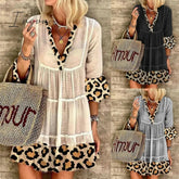 Ingvn - Summer Women's Fashion Leopard Print Stitching Cotton and Linen Dress Loose Casual Bohemian Mid-length Dress Party Beach Dress