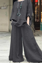 Ingvn - Casual Simplicity Solid Pocket O Neck Long Sleeve Two Pieces