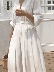 Ingvn - Dress Women Spring Autumn 2023 Korean Fashion Trendy Loose Fitting Long Sleeved Solid Pleated Linen Shirt Dress Female Clothing