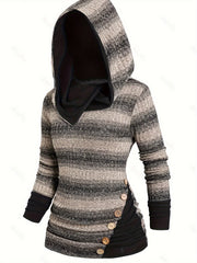 Striped Print Button Decor Tunic Hoodie, Casual Long Sleeve Hoodie Sweatshirt, Women's Clothing