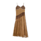 Korean style Ethnic Irgular Spaghettic Strap Fairy Boho Hippie Dress Women Tassel Mesh Stitching Spice Summer Beach Slim Dress