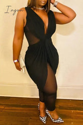 Ingvn - Black Sexy Casual Solid Patchwork See-through V Neck Plus Size Jumpsuits