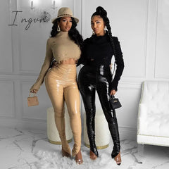 Ingvn - Winter Joggers PU Leather Leggings Pants Pleated High Waist Streetwear Long Trouser Solid Color Party Night Clubwear Outfit