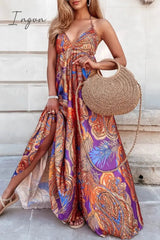 Ingvn - Sexy Bohemian Geometric Print Backless V Neck Sling Dress Dresses