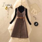 Ingvn - Valentine's Day gift for women Fashion Streetwear Two Piece Dress Women Autumn Winter Sweater wool Knee-Length Dresses With belt plus size Elegant party Dress vestidos