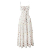 Elegant Women French Style Lace Trim Floral Print Sling Long Dress Sexy Thin Straps A-line Summer Dresses Holiday Robe