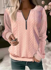 Ingvn - Women's Sweatshirt Pullover Basic Quarter Zip Blue Solid Color Casual V Neck Long Sleeve Textured Top Micro-elastic Fall & Winter
