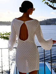 Backless Long Sleeve Knit Mini Dress For Women Fashion Elegant Spring Summer See Through Beach Holiday Dress Beachwear