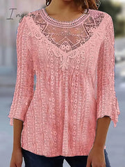 Ingvn - Women's Shirt Blouse Black White Pink Plain Lace 3/4 Length Sleeve Casual Basic Round Neck Regular S