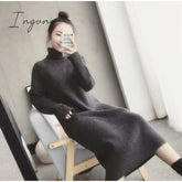 Ingvn - Turtleneck knitted sweater dress ladies fall winter elastic cashmere bottoming shirt midlength over the knee thick sweater dress