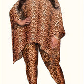 Plus Size Casual Outfits Two Piece Set, Women's Plus Leopard Print Bat Sleeve Round Neck Oversized Top & Pants Outfits 2 Piece Set