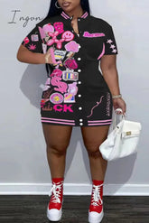 Ingvn - Black Casual Print Patchwork O Neck Short Sleeve Dress Plus Size Dresses