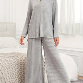 Plus Size Two-Piece Ribbed Crew Neck Outfit Set - Soft Medium Stretch Polyester Knit Fabric, Wide Leg Pants, Long Sleeve Top, Solid Color, No Printing, Casual Style - Womens Comfortable Plus Size Clothing