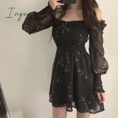 Ingvn - Spring Womens Sexy Black Dress Vintage Flower Long Puff Sleeve Chiffon Dresses Korean Casual Mini Vestidos Mujer Clothes