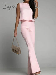 Ingvn - Office Elegant Commuter Set Fashion O-neck Sleeveless Tops and Flared Pants Suit Women Sexy Backless Tie Solid Two Piece Outfits