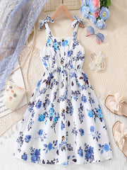 Girls Bow Straps Cami Dress Floral Print Casual Suspender Dress