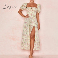 Ingvn - Print Summer Dress Women Floral Short Puff Sleeves Square Collar Holiday MIDI Dress Female Drawstring High Slit Dress