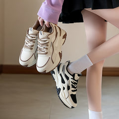 Women's Fashion Contrasting Sneakers, Casual Sports Shoes, Breathable Chunky Sole Lace-Up Design