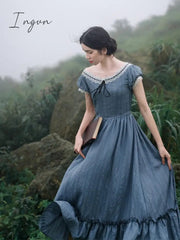 Ingvn - Women Pink Dress Summer Vintage Elegant Slim European Romance Blue Dress Retro Lace Sexy Slash Neck Casual Everyday Midi Dress