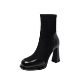 Chunky Heel Short Boots for Women Autumn Winter Splicing Waterproof Platform Skinny Boots Suede Temperament High-heeled Botines