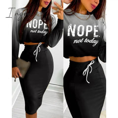 Ingvn - Sexy Crop Long Sleeve Pink Bodycon Dress Sets Women Autumn Print Cropped Feminino Two Piece Set Women Skirt Dress Suits