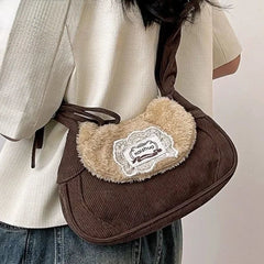 Ingvn Vintage Shoulder Bag for Women Pleated Cute Casual Plush Fashion Handbag Autumn and Winter Designer Female Aesthetic Bag