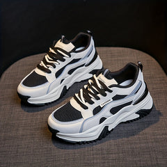 Women's Fashion Contrasting Sneakers, Casual Sports Shoes, Breathable Chunky Sole Lace-Up Design