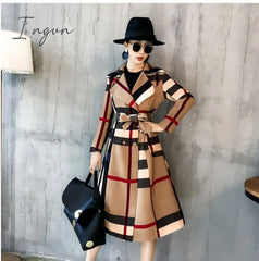 Ingvn - Thickened autumn and winter new women's lapels in the long simple color matching retro plaid coat temperament windbreaker