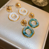 Ingvn - 2023 French Trend Fashion Round Irregular Earrings Exquisite Green White Copper 18K Gold Plated Drop Ear Studs Jewelry